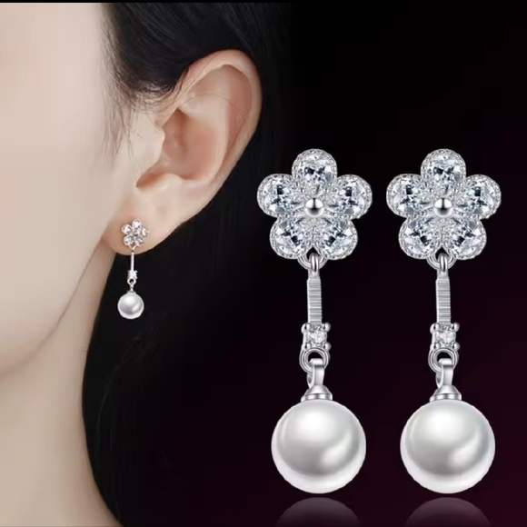 Sterling Silver Flower Pearl Drop Earrings - Picture 2 of 3